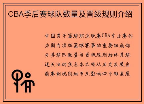 CBA季后赛球队数量及晋级规则介绍